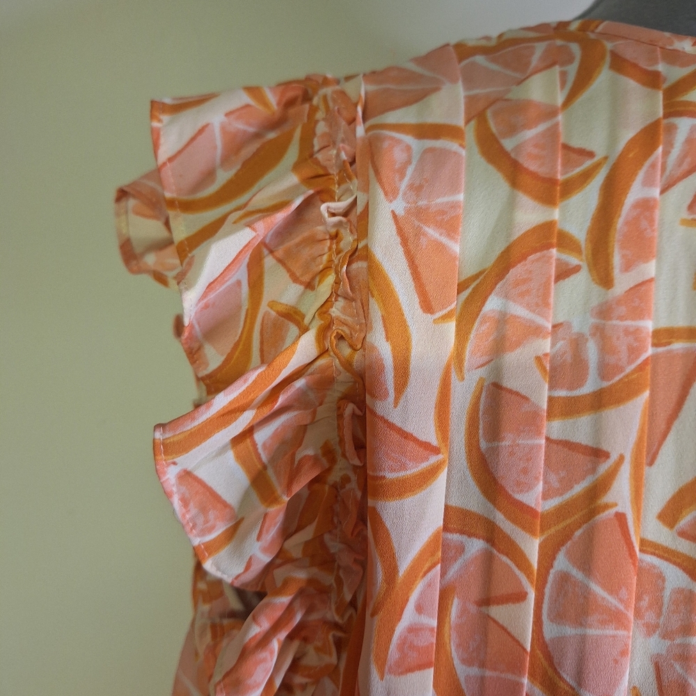 DR2 Orange Slice Pleated Front Ruffle Sleeve Blouse Size Med - Picture 6 of 8